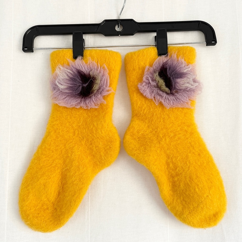 Yellow Wool Lithuanian Traditional Socks/Slippers, Purple Flower details Size 9